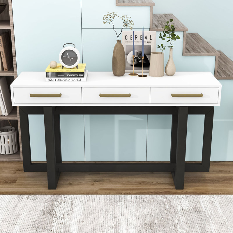 Console minimaliste avec 3 tiroirs de rangement, Blanc / gris foncé