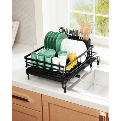 Extendable Dish Drying Rack - Rust-Resistant Dish Racks for Kitchen Counter with Adjustable Support Legs, Cutlery Holder & Removable Draining Tray (Black, 15.6''-25.2''L × 16.9''W × 8.1''H)