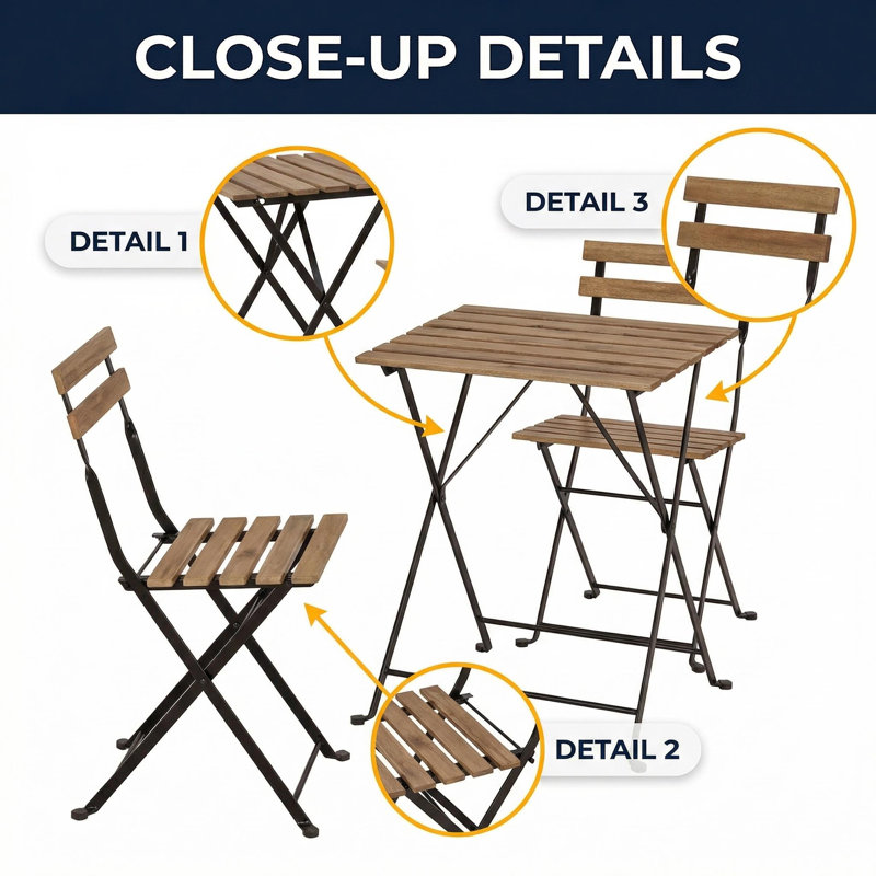 3-Piece Patio Bistro Set, Wood and Metal Table and Chairs, Natural Finish, Space-Saving Outdoor Seating