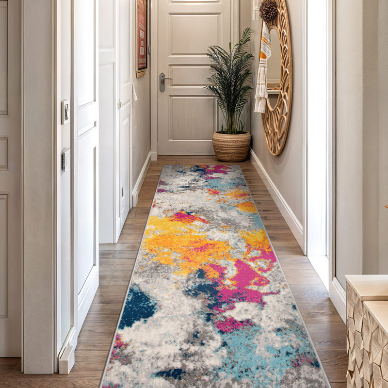 Noires Abstract Ivory/Gray/Blue Area Rug, Runner 2'7" x 12'