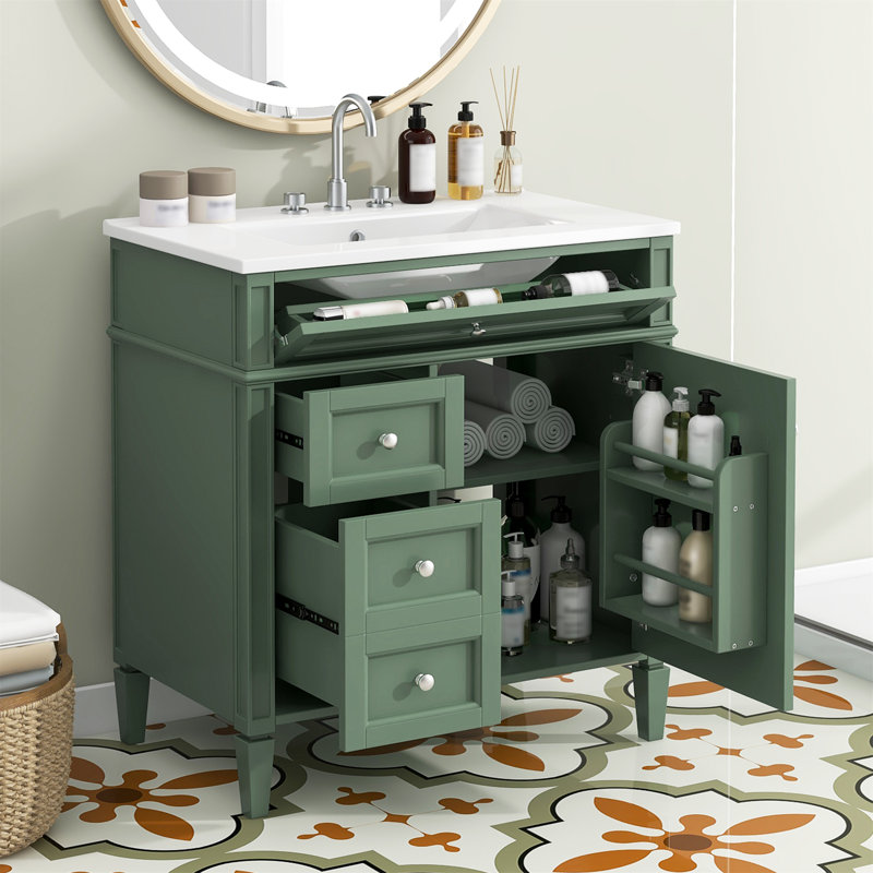 Meuble-lavabo sur pied l 30 po avec lavabo en céramique et tablette réglable, Argent argent, Noir, noir, noir, noir