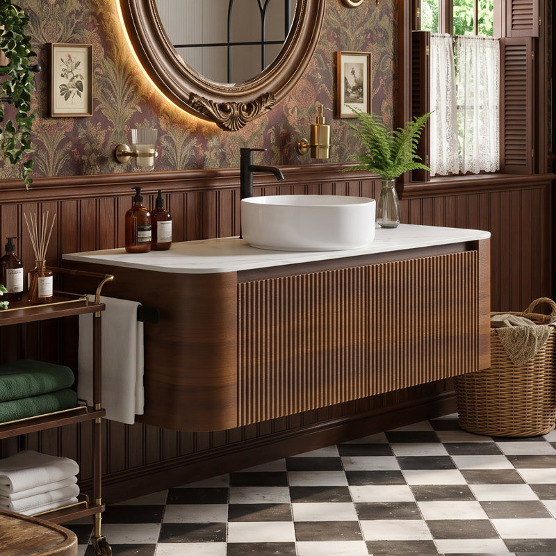 Wall Mounted Single Double Single Vanity Bathroom Vanity With Engineered Marble Top, Walnut