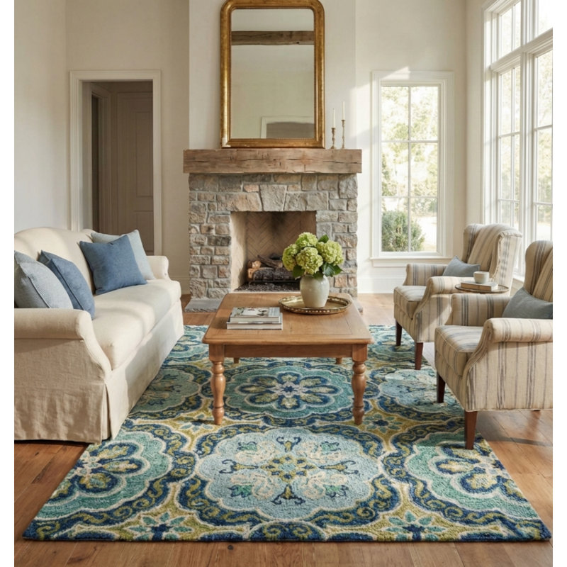 Tapis touffeté à la main 100% laine vert Cementon, Rectangle 7 pi 9 po x 9 pi 9 po