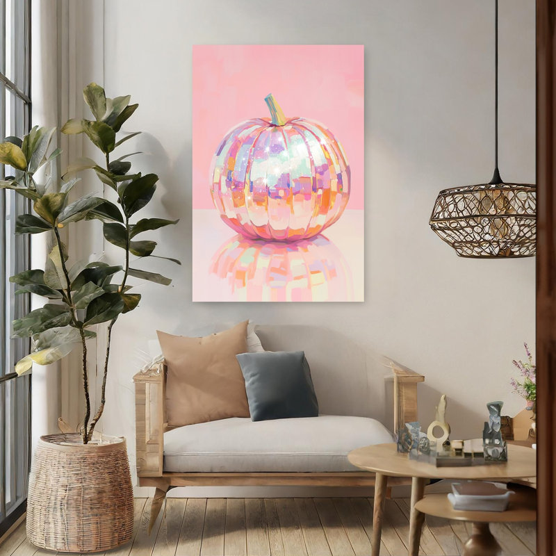Art mural d'automne contemporain irisé coloré citrouille disco, H 48 po x l 32 po