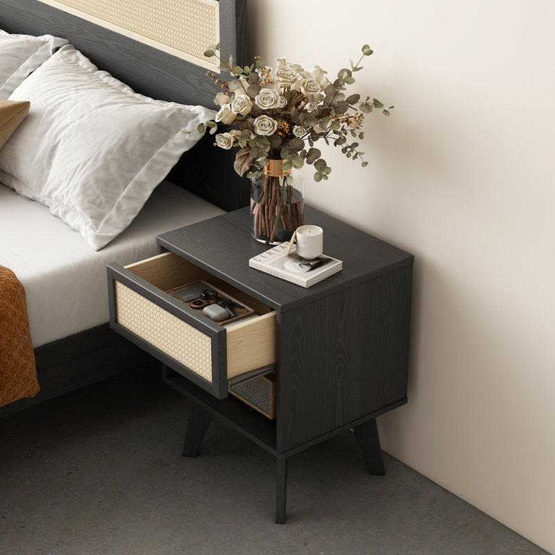Nightstand Boho Bedside Table With Rattan Drawer