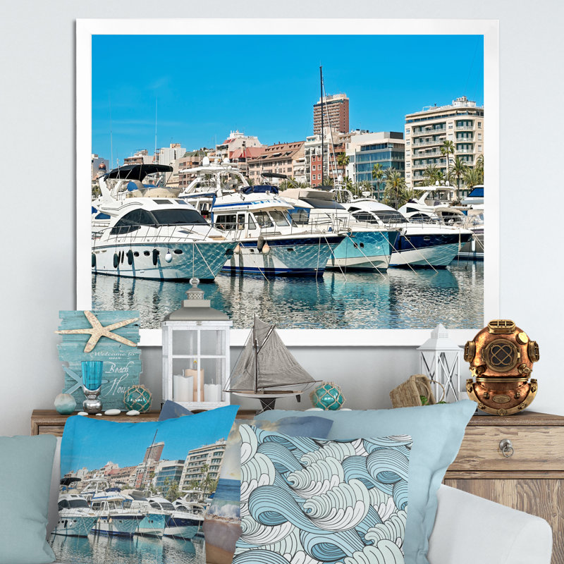 " Boats Docked At Port Alicante Spain ", White Single Picture Framed, 16" H x 32" W x 1" D