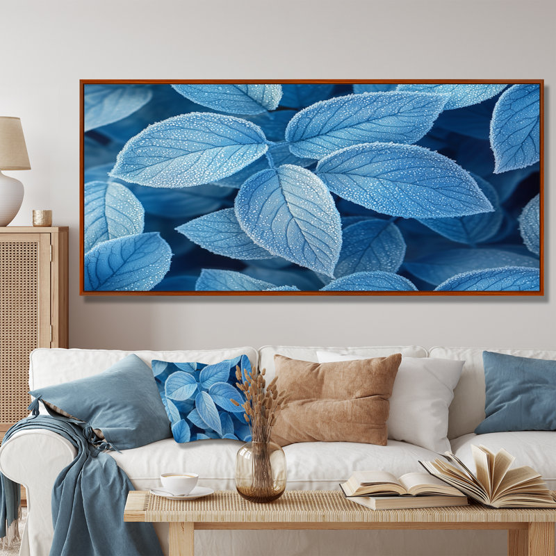 «Ifraz Frost Blue Leaves Tranquility II - LEAVES», art mural grand format, H 28 po x l 60 po, Cadre flottant, Brun