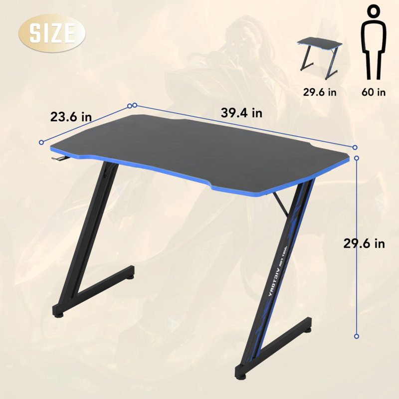 Bureau d'ordinateur, Bleu / noir, H 29,6 po x l 39,4 po x P 23,6 po