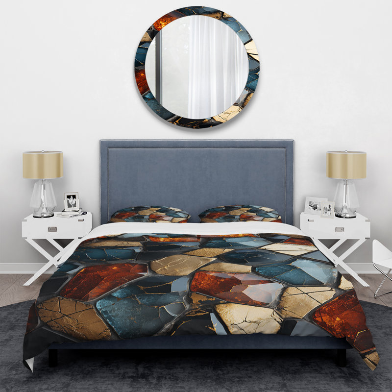 Ensemble de housse de couette carreaux de mosaïque cubes dorés et bleus III, Housse de couette pour très grand lit