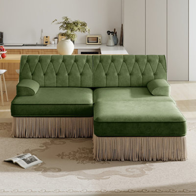 L-Shaped Modular Free-Combination Chesterfield Style Sofa, Breathable Cozy Velvet Upholstered Couch with Floor-Length Tassel Fringe Skirt, Gently Curved Square Armrests
