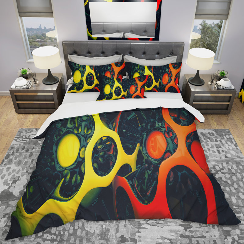 Art géométrique orange et jaune - ensemble de housse de couette abstraite - microfibre de polyester
