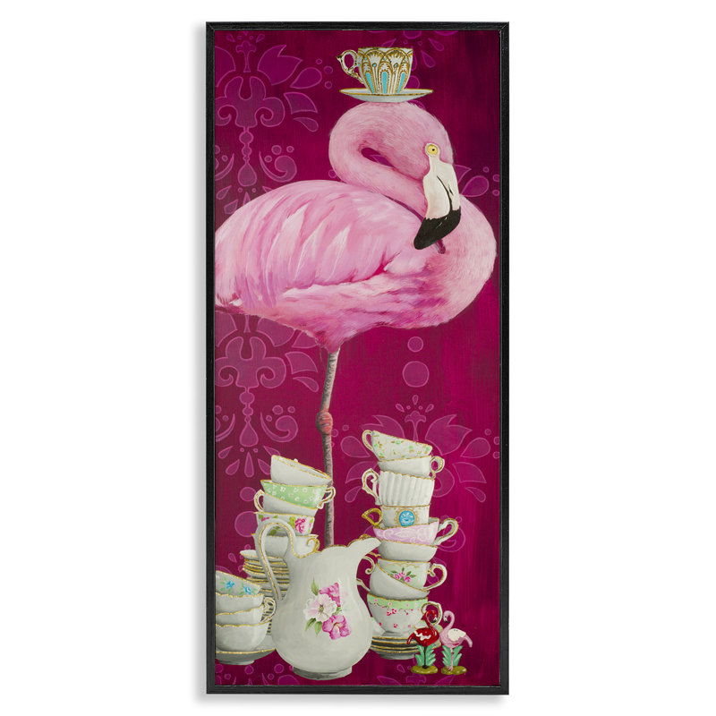 Flamant rose avec tasses à thé giclées, Giclée encadrée noir minuit, H 24 po x l 10 po