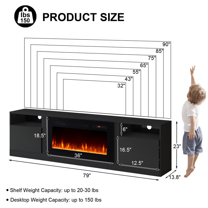 Kenndy 80" TV Stand with Electric Fireplace for TVs up to 90'', LED Lights, Storage Cabinets & Shelves, Black