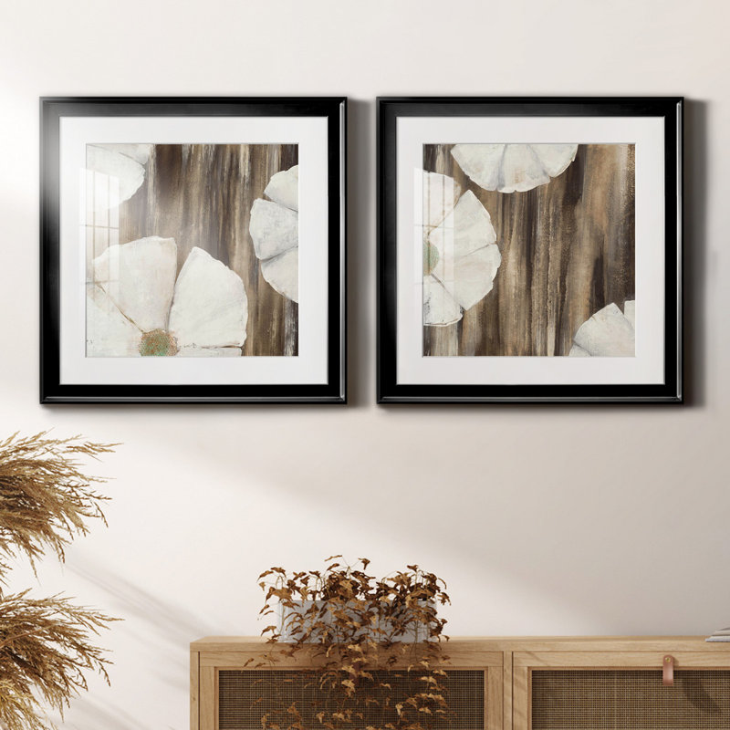 «Night Blooms I», ensemble de 2 reproductions d'art sur toiles, Cadre noir, Blanc, H 17,5 po x l 35 po x P 1,5 po