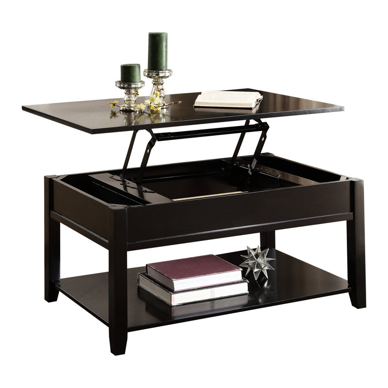 Table basse rectangulaire avec fonction de levage et tablettes de rangement noires pour livres de magazines