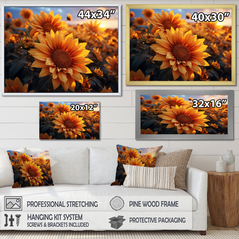 Décoration murale jaune tournesols champ jaune - tournesols, Toile tendue, H 30 po x l 40 po x P 1,5 po