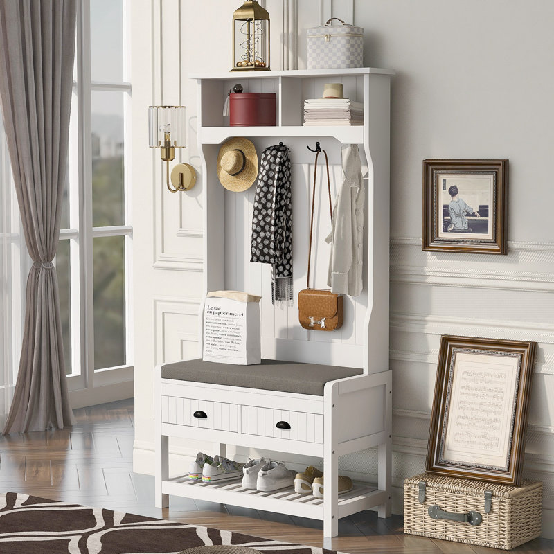 Arbre d'entrée Clister 33,63 po de large avec banc et rangement pour chaussures, Blanc