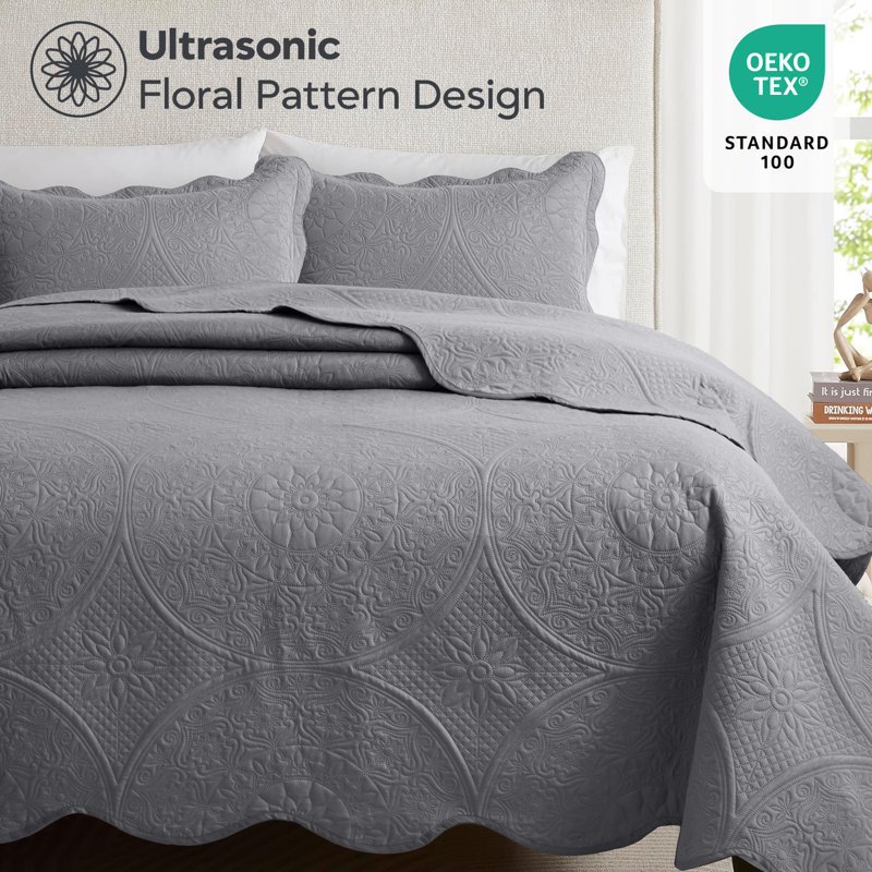 Soft Microfiber Ultrasonic Quilted Bedspread With Matching Shams, King Quilt + 2 Shams, Gray