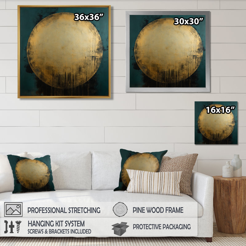 Décoration murale géométrique sarcelle, cercle doré et pleine lune, H 30 po x l 30 po x P 1 po, Toile avec cadre flottant or