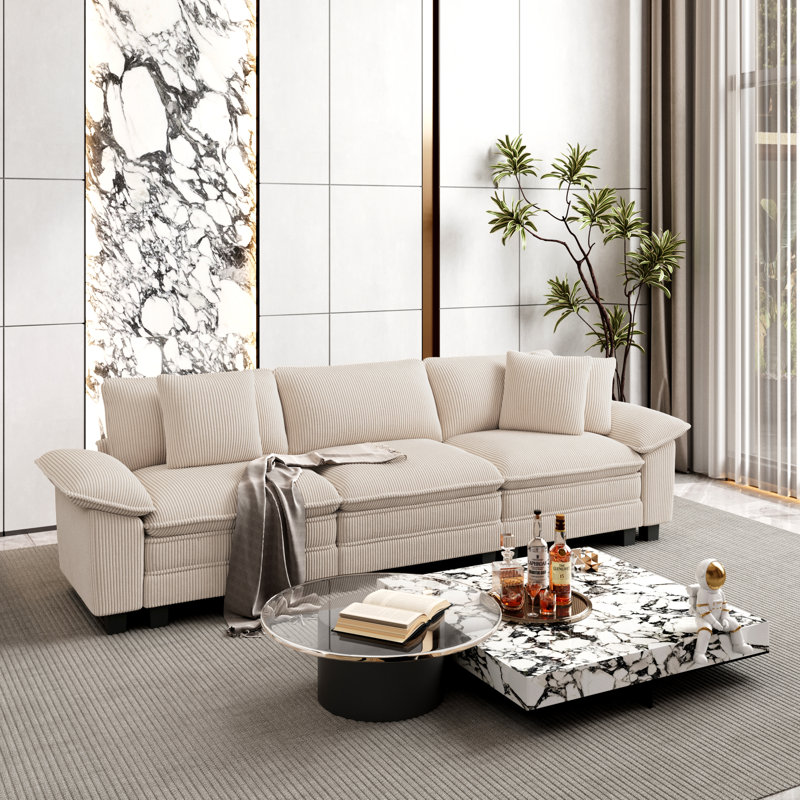 Chenille Sofa & Chaise, 3, Beige Corduroy
