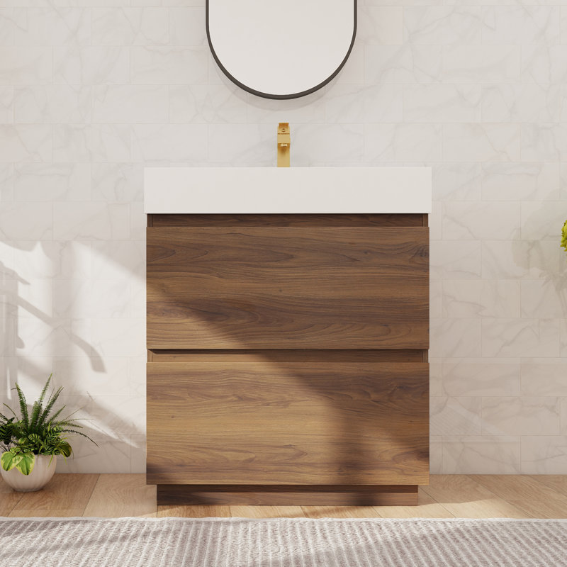 Ensemble de meuble-lavabo sur pied simple 30 po, meuble-lavabo sur pied avec lavabo en résine, 2 tiroirs, Brun, 30"