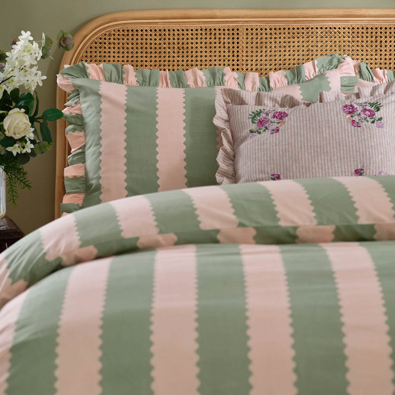 Birdie Stripe Cotton Blend Striped Duvet Cover Set with Pillowcases Included, Pink/Green