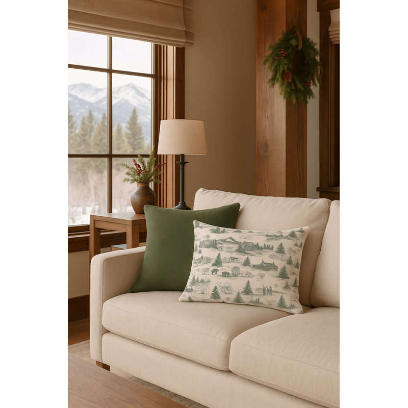 Green Christmas Toile Linen Euro Pillow 26x26 with Down Insert, Square 26", Down Blend