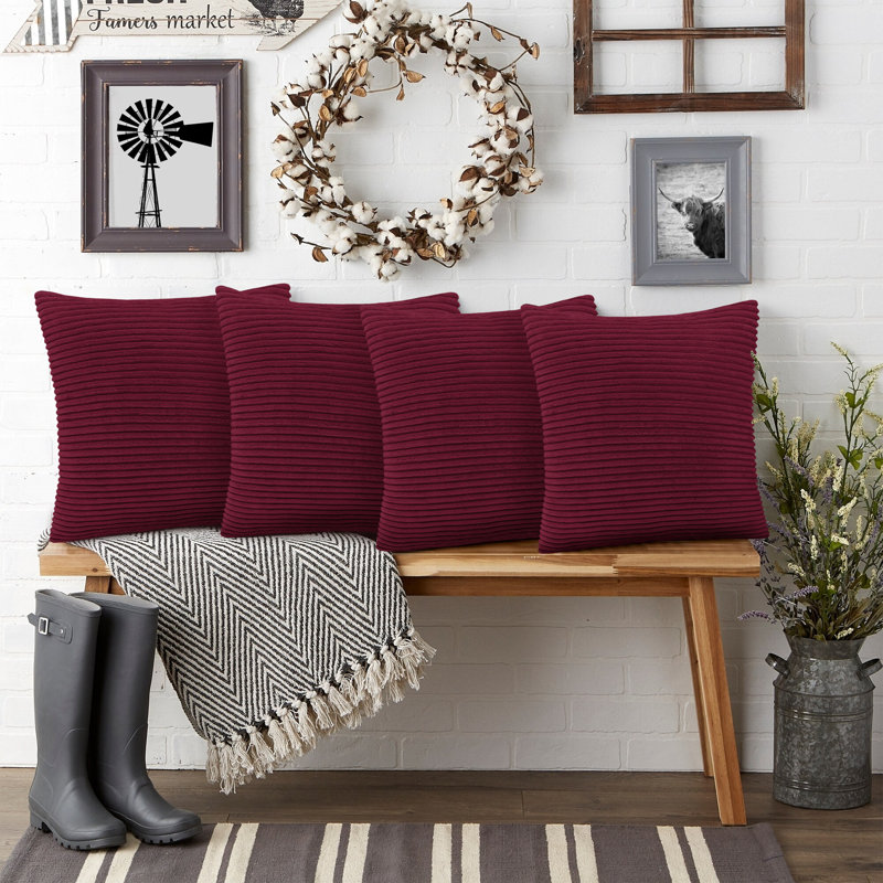 Shadwell Striped Square Scatter Crushed Velvet Cushion Cover, Burgundy