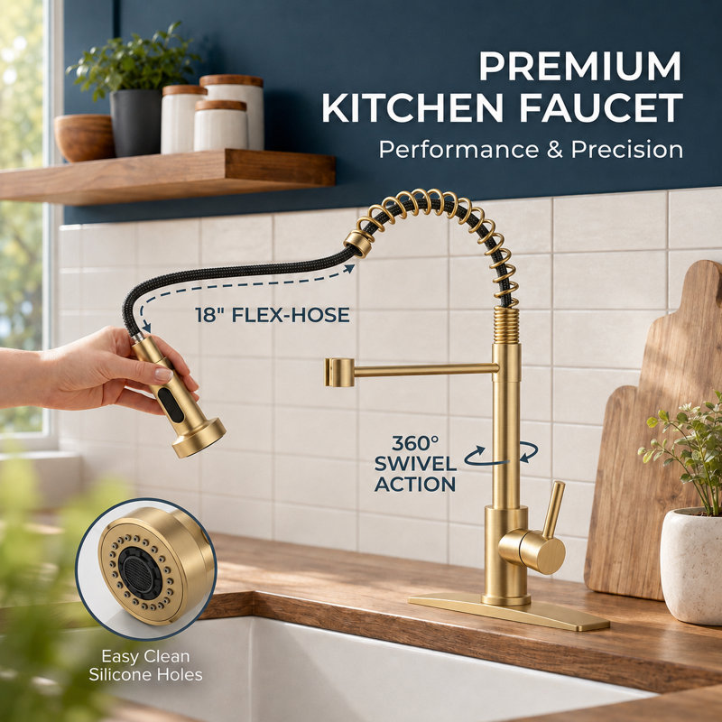 Kitchen Faucet with Pull Down Sprayer, Stainless Steel Kitchen Faucet, Utility Single Handle Spring Sink Faucets 1 or 3 Hole, Kitchen Faucets for Farmhouse Camper Laundry Rv Bar