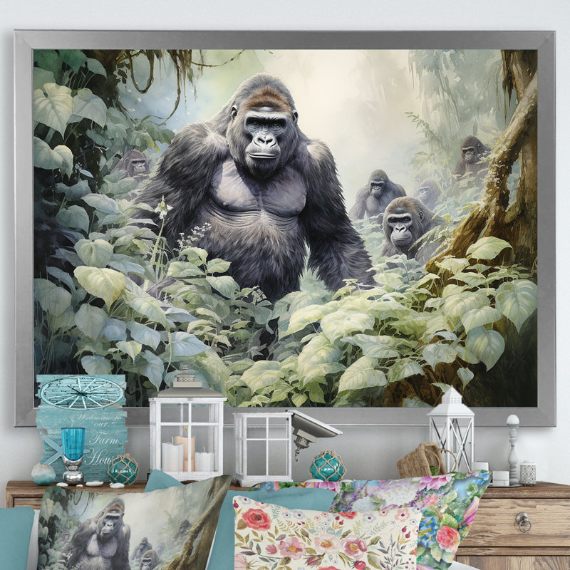 «Gorilla Jungle Journey», reproduction sur toile, Cadre simple argenté, H 30 po x l 40 po x P 1,5 po