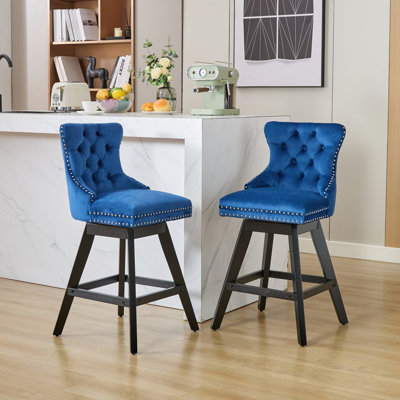 Button Velvet , 360° Swivel Seat, Foam & Steel Spring Filler, Solid Wood Legs, Trim, 2 (blue) For Dining Blue Cushion, Of 2 Room