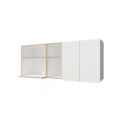 Natural Oak And White Kitchen Cabinet With Microwave Space And Open Shelf