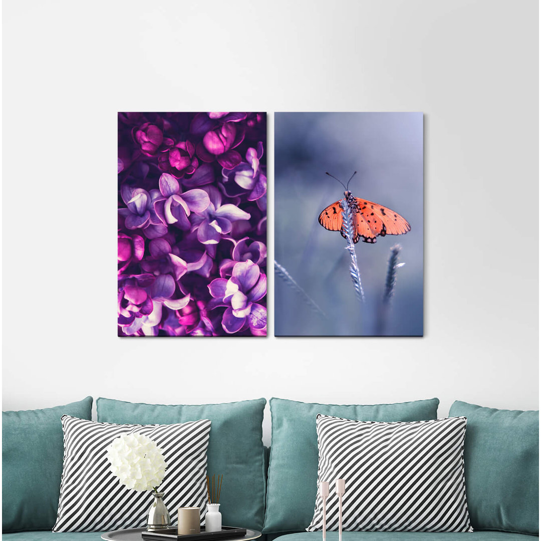 2-tlg. Leinwandbilder-Set - Fotografie „Flowers Blossoms Butterfly Flora Summerly Soft Tender”