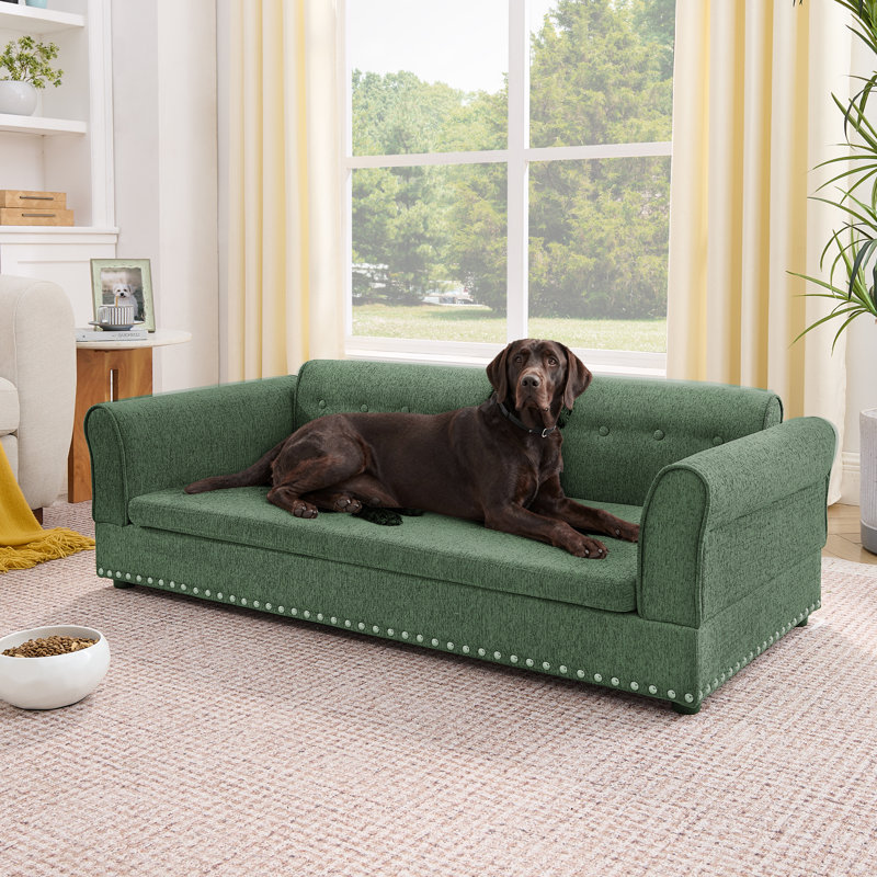 Canapé surdimensionné pour animal de compagnie, élégant canapé-lit surélevé en tissu de lin moderne, lit pour animal de compagnie rectangulaire surdimensionné confortable avec dossier et accoudoirs pour grands et très grands chiens - vert olive