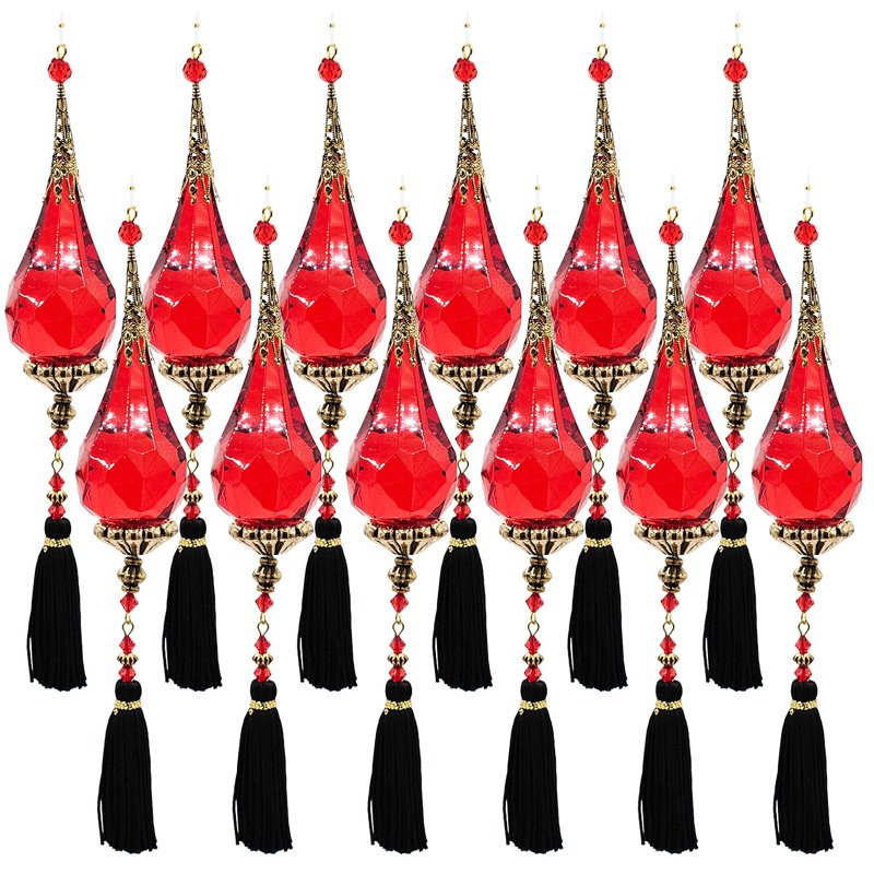 9" Red and Black Acrylic Drop Ornaments with Tassels - Set of 12