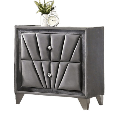 Gray 2 - Drawers Bedside Cabinet With Fabric Upholstered, Legs, Crystal Like , Glass Top, Fully Upholstered Frame, Contemporary Bedroom Furniture Nigh