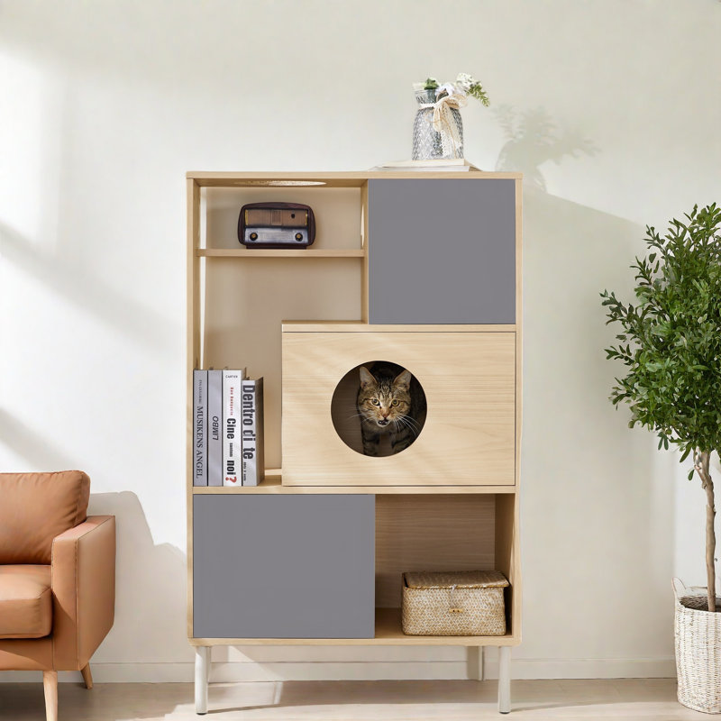 Modern Cat Bookcase Cat Tree Shelves With Storage Shelves And 2 Cabinets