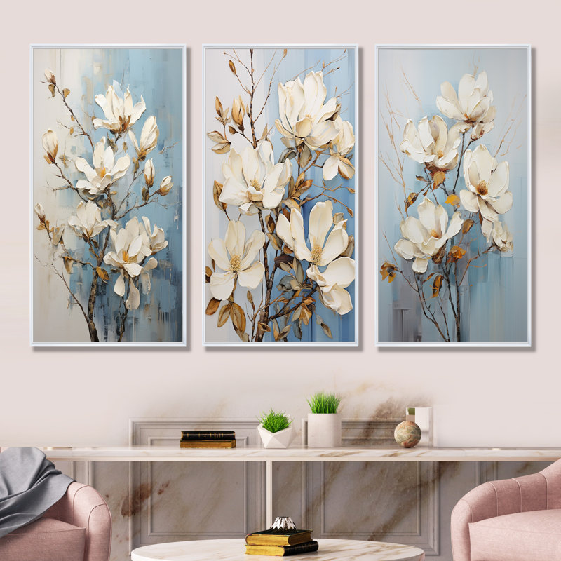 Magnifique ensemble de 3 impressions sur toile Magnolia - Magnolias, Cadre flottant blanc, H 28 po x l 36 po