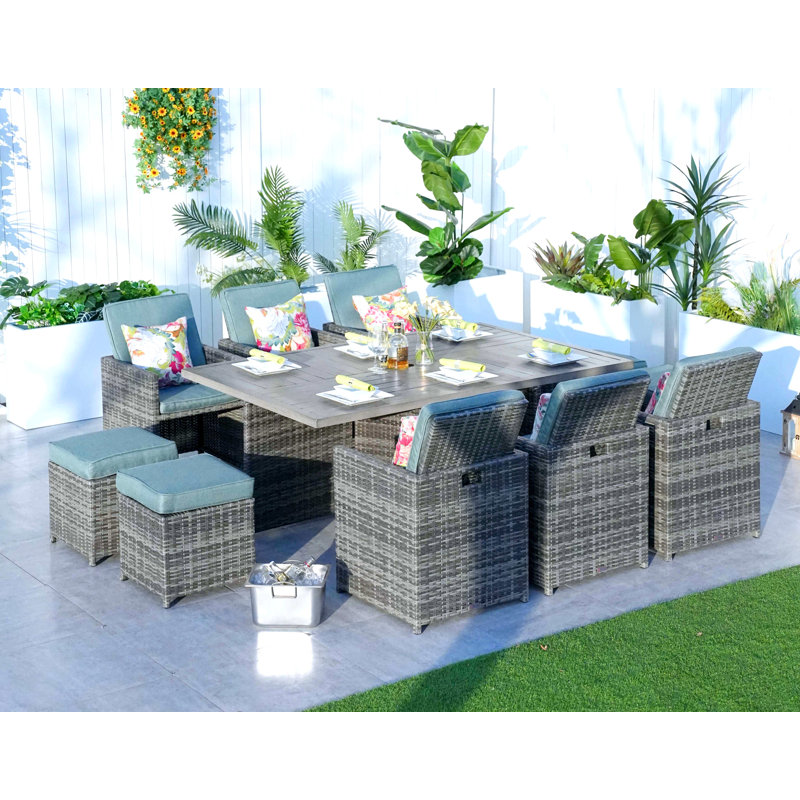 6 - Person Patio Dining Set Umbrella Hole Included Rectangular Table with Cushions Included, Celadon, Gray