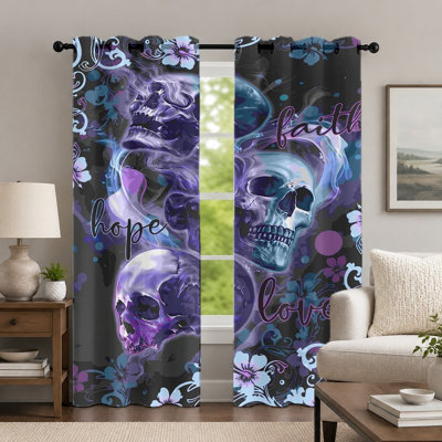 2 pièces de rideaux à imprimé crâne gothique, drapé à motif artistique décoratif, panneau de fenêtre à motif floral avec œillets, décoration pour le salon de la chambre à coucher