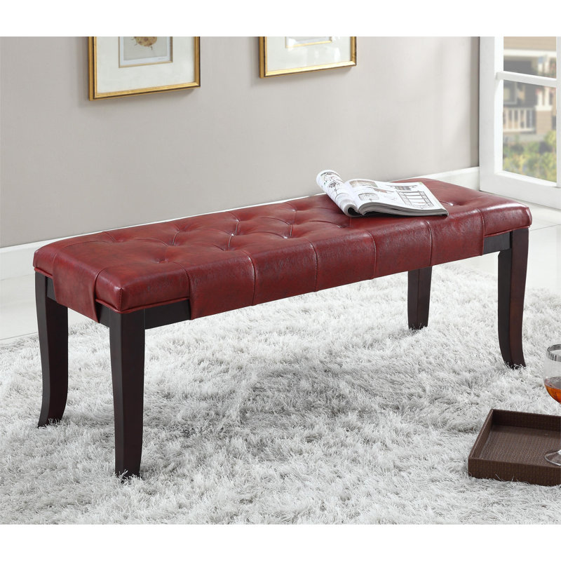 Solid Wood Upholstered Tufted Bench, Red Leather