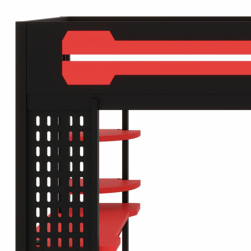 Lit mezzanine complet en bois avec bureau, tablettes, prise de courant et éclairage RVB, Noir et rouge