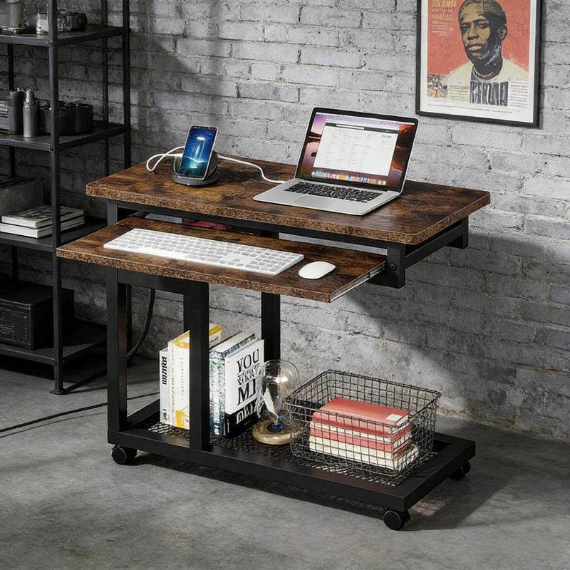 Table d'appoint avec roulettes, table mobile en C durable, bureau étroit, station de charge pratique