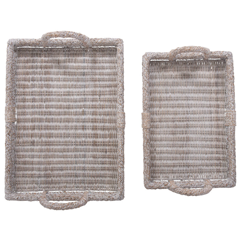 Whitewashed Rattan Decorative Trays with Handles, Set of 2