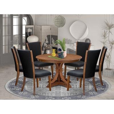 Ensemble de table de salle à manger 7 pièces comprenant une table de cuisine ronde avec piédestal et 6 chaises Parson en tissu noir, noyer antique