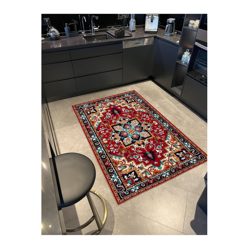 Tapis décoratif rétro à motif traditionnel turquoise, Tapis de couloir 3 pi 3 po x 6 pi 7 po inclus
