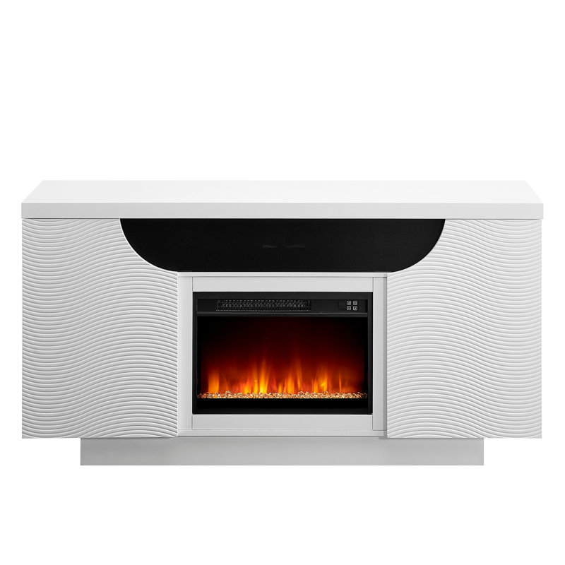Meuble télé 66 po avec foyer électrique blanc, console multimédia moderne et éclairage ambiant à DEL pour le salon