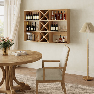 Wood Wall-Mounted Wine Rack with X-Shaped Cubbies and Open Shelves
