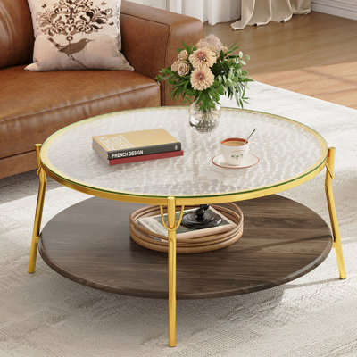 Table basse moderne à 2 niveaux en noyer avec plateau en verre et base dorée pour salon, 29,9 po