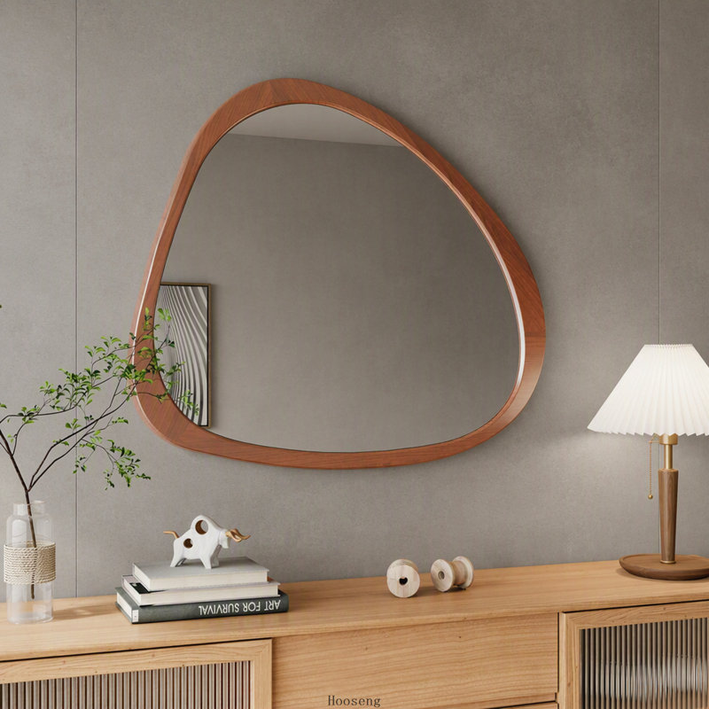 45 Inch Asymmetrical Solid Wood Framed Wall Mirror, Walnut